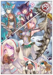  1boy 3girls animal_ears armor arrow_(projectile) bare_shoulders barioth_(armor) belt black_hair blue_eyes blue_hair bow_(weapon) breasts buckle commentary_request cup felyne flower heart horns lagombi_(armor) medium_breasts melynx midriff momori monster_hunter_(character) monster_hunter_(series) monster_hunter_portable_3rd multiple_girls nargacuga navel paw_print personification pink_eyes pink_hair red_eyes scarf short_hair snow spoken_heart sweatdrop weapon white_hair zinogre 