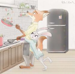  anthro appliance apron barefoot bottomwear brown_tail_tip canid canine clothed clothing cooking dipstick_ears dipstick_tail disney duo ear_markings feet food fox fridge fully_clothed green_eyes hb_runo holding_object hug hugging_another hugging_from_behind inner_ear_fluff inside judy_hopps kitchen kitchen_appliance lagomorph leporid mammal markings multicolored_ears multicolored_tail nick_wilde open_mouth open_smile pants plant purple_eyes rabbit red_fox scut_tail shelf shirt short_tail smile standing tail tail_markings topwear true_fox tuft vegetable zootopia 