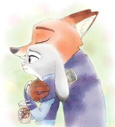  2019 4_fingers ambiguous_gender anthro beverage breath canid canine claws closed_eyes clothed clothing coffee dipstick_ears disney duo ear_markings ears_back ears_down fingers fox fur grey_body grey_fur hb_runo holding_beverage holding_object hug hugging_another hugging_from_behind inner_ear_fluff judy_hopps lagomorph leporid mammal multicolored_ears nick_wilde orange_body orange_fur pivoted_ears police police_uniform purple_eyes rabbit red_fox true_fox tuft uniform zootopia 