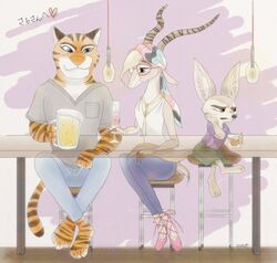  ambiguous_gender antelope barefoot blonde_hair bottomwear bovid brown_eyes canid canine clothed clothing countershading crossed_legs disney ear_piercing eyewear feet felid fennec_fox finnick_(zootopia) fox fully_clothed fur gazelle gazelle_(zootopia) glasses group hair hb_runo horn inner_ear_fluff inside light mammal orange_body orange_fur pantherine pants piercing purple_eyes shirt sitting stripes tan_body tan_fur tiger tiger_dancer_(zootopia) topwear true_fox tuft zootopia 