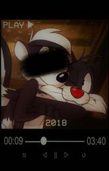  domestic_cat english_text felid feline felis looney_tunes low_res male male/male mammal mephitid pepe_le_pew skunk sylvester_(looney_tunes) text unknown_artist warner_brothers 