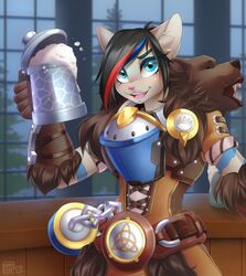  2019 animal_skin anthro armor beverage blizzard_entertainment blue_eyes blue_highlights blush brigitte_(overwatch) chikachi clothing container corset cosplay cup dannyckoo domestic_cat felid feline felis female grey_body half-length_portrait hi_res highlights_(coloring) inside lingerie mammal open_mouth overwatch pink_nose plant portrait red_highlights smile solo stein topwear tree tresertf window 