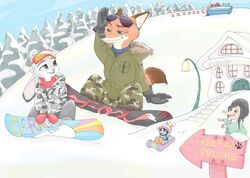  ambiguous_gender anthro arctic_shrew black_hair bottomwear camo canid canine clothed clothing coat dipstick_tail disney eulipotyphlan fennec_fox finnick_(zootopia) fox fru_fru fur gloves green_eyes grey_body grey_fur group hair handwear hb_runo inner_ear_fluff judy_hopps lagomorph leporid mammal markings mittens multicolored_body multicolored_fur multicolored_tail nick_wilde open_mouth open_smile orange_body orange_fur outside pants purple_eyes rabbit red_fox shrew sign size_difference sky sled smile snow snowboard tail tail_markings topwear true_fox tuft two_tone_body two_tone_fur white_body white_fur zootopia 