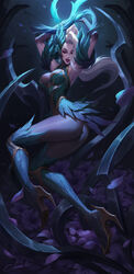  absurdres arms_up ass blonde_hair blue_thighhighs breasts citemer cleavage_cutout closed_eyes clothing_cutout coven_zyra eyelashes eyeshadow feather_trim feathers female green_leotard high_heels highres league_of_legends leotard makeup open_mouth ponytail red_eyeshadow red_lips solo thighhighs zyra 