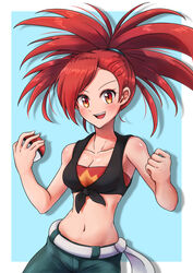  :d asymmetrical_bangs blue_pants blush bound bra breasts cleavage collarbone commentary_request crop_top female flannery_(pokemon) highres holding holding_poke_ball long_hair looking_at_viewer medium_breasts midriff navel open_mouth pants poke_ball poke_ball_(basic) pokemon pokemon_oras red_bra red_eyes red_hair shiny_skin sleeveless smile solo standing stomach strapless strapless_bra tied_hair tied_up_(nonsexual) tube_top underwear wakaba_(wata_ridley) 