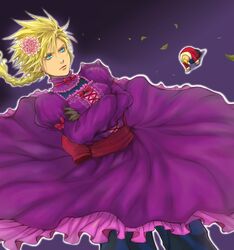  2boys aqua_eyes back_bow black_gloves blonde_hair bow braid breast_padding cloud_strife coat cowboy_shot crossdressing crossed_arms don_corneo dress earrings falling_leaves final_fantasy final_fantasy_vii flower frilled_dress frills fur-trimmed_coat fur_trim gloves hair_between_eyes hair_flower hair_ornament high_collar jewelry juliet_sleeves kneeling leaf long_hair long_sleeves male_focus multiple_boys pants pants_under_dress popochan-f puffy_sleeves purple_background purple_dress red_coat spiked_hair twin_braids 