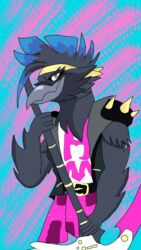  9:16 anthro avian beak bird brawlhalla corvid corvus_(genus) crazy-fox female guitar hair hi_res multicolored_hair munin_(brawlhalla) musical_instrument oscine passerine plucked_string_instrument raven solo string_instrument two_tone_hair 