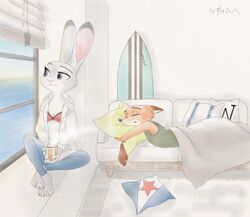  anthro barefoot bedding beverage blanket bottomwear bra canid canine carpet claws closed_eyes clothed clothing container crossed_legs cup dipstick_ears disney duo ear_markings feet female fox fur furniture grey_body grey_fur hb_runo holding_beverage holding_object inner_ear_fluff inside judy_hopps lagomorph leporid mammal multicolored_ears nick_wilde orange_body orange_fur pants pillow purple_eyes rabbit red_fox shirt sitting sleeping smile sofa surfboard tank_top toe_claws topwear true_fox tuft underwear vehicle watercraft window zootopia 