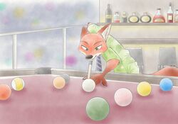  anthro billiards black_nose canid canine claws clothed clothing disney fluffy fluffy_tail fox fur gaming green_eyes hb_runo holding_object inner_ear_fluff inside mammal necktie nick_wilde orange_body orange_fur red_fox shirt solo tail topwear true_fox tuft zootopia 