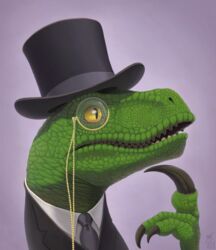  claws clothing dinosaur dromaeosaurid extinct eyewear feral green_body green_scales hat headgear headwear male meme monocle necktie philosoraptor prehistoric_species reptile scales scalie solo teeth thazumi theropod top_hat velociraptor yellow_eyes 