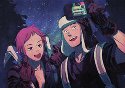  1boy :d :p backpack bag beckoning black_gloves black_shirt breasts camera cleavage dorohedoro ebisu_(dorohedoro) female fujita_(dorohedoro) gloves hand_up hands_up hat highres holding holding_camera iwamushi long_sleeves night night_sky purple_hair scythe shirt short_sleeves shorts sky smile star_(sky) starry_sky t-shirt taking_picture tongue tongue_out upper_body weapon 