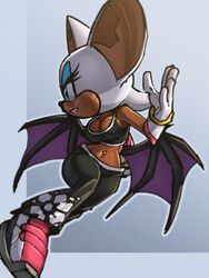  3:4 absurd_res anthro bat bottomwear breasts cleavage clothed clothing crop_top eyeshadow female footwear fur gloves green_eyes handwear hi_res makeup mammal navel navel_piercing navel_stud pants piercing rouge_the_bat sega shirt shoes smile solo sonic_the_hedgehog_(series) tighesammy topwear white_body white_fur wings 