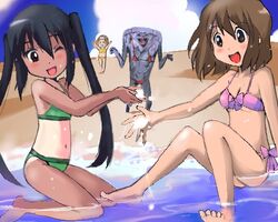  3girls :d \o/ arms_up bad_id bad_pixiv_id barefoot beach bikini breasts chibi cloud commentary_request day hirasawa_yui jamila_(ultra_series) k-on! kneeling lowres micro_bikini monster multiple_girls nakano_azusa navel oekaki one-piece_tan open_mouth outdoors outstretched_arms partially_submerged round_teeth running sitting small_breasts smile splashing swimsuit t2 tainaka_ritsu tan tanlines teeth toes ultra_series ultraman_(1st_series) underboob water 