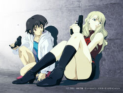  2girls black_hair blonde_hair blue_eyes boots brown_eyes brown_hair feet footwear gun handgun jacket legs long_hair looking_away mireille_bouquet multiple_girls noir official_art parka red_eyes serious shadow shoes short_hair sitting skirt sleeveless sleeveless_turtleneck socks tank_top thighs turtleneck wallpaper weapon yuumura_kirika 