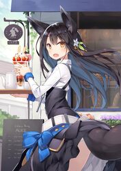  :d animal_ear_fluff animal_ears black_hair bow bread cafe chalkboard clothes_lift commentary cowboy_shot cup day female flower food fox_ears fox_girl fox_tail from_side fruit hair_flower hair_ornament highres holding holding_tray kuromitsu_nene lifted_by_tail long_hair long_sleeves looking_at_viewer looking_to_the_side oerba_yun_fang open_mouth original outdoors panties panty_peek parfait poco_(asahi_age) ribbon shirt sign skirt skirt_lift smile solo standing strawberry tail tray underwear uniform very_long_hair waitress white_panties white_shirt wing_collar yellow_eyes 