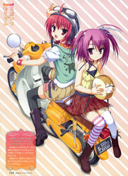  2girls :d absurdres black_legwear black_thighhighs boots casual goggles goggles_on_head gwave helmet highres kobuichi looking_back mismatched_legwear mismatched_thighhighs motor_vehicle motorcycle motorcycle_helmet multiple_girls muririn oerba_yun_fang open_mouth purple_eyes purple_hair red_eyes red_hair sitting skirt smile striped striped_legwear striped_thighhighs thighhighs vehicle zettai_ryouiki 