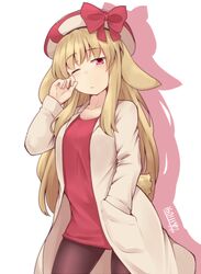  animal_ears blonde_hair commentary_request female harumiya_ria_(kuromiya) hat kuromiya long_hair one_eye_closed original pantyhose rabbit_ears rabbit_tail red_eyes solo tail 