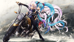  2girls ahoge aqua_eyes blue_eyes blue_hair bow bowtie center_opening commentary_request gradient_hair hatsune_miku hatsune_miku_(append) highres ia_(vocaloid) jewelry light_blue_hair light_purple_hair long_hair motor_vehicle motorcycle multicolored_hair multiple_girls multiple_riders naka_(nicovideo14185763) open_mouth photoshop_(medium) pink_hair riding ring thighhighs twintails very_long_hair vocaloid vocaloid_append white_hair 