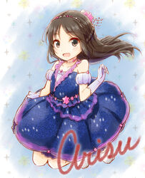  blush brown_eyes brown_hair character_name character_signature choker circlet commentary_request cursive detached_sleeves dress female gloves half_updo idolmaster idolmaster_cinderella_girls jewelry long_hair naoharu_(re_barna) photoshop_(medium) puffy_detached_sleeves puffy_sleeves solo sparkle tachibana_arisu 