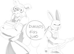  2020 anthro beastars book buenos_dias_mandy butt_slap canid canine canis closed_eyes clothed clothing domestic_rabbit duo dwarf_rabbit female fully_clothed fur haru_(beastars) hi_res holding_book holding_object humor juno_(beastars) lagomorph leporid mammal meme monochrome open_mouth open_smile oryctolagus psibunny rabbit slap smile spanking surprise wolf 