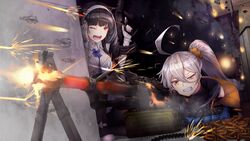  2girls ahoge ammunition_box battle black_hair bullet bullet_hole clenched_teeth commentary_request covering_privates fingerless_gloves firefight firing girls&#039;_frontline gloves grey_hair gun hair_between_eyes highres long_hair machine_gun multiple_girls open_mouth pkp_(girls&#039;_frontline) projectile_trail rifle rurushia side_ponytail teeth type_95_(girls&#039;_frontline) under_fire wall weapon 