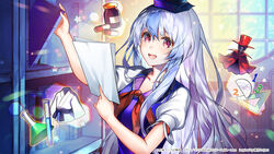  :d ? alternate_eye_color artist_request bangs blue_hair blue_headwear blush book bottle breasts collarbone commentary_request door female hat hat_ribbon holding holding_paper japanese_clothes kamishirasawa_keine light_blue_hair long_sleeves medicine medium_breasts multicolored_hair open_mouth paper protractor puffy_short_sleeves puffy_sleeves purple_eyes red_headwear red_neckwear red_ribbon ribbon shelf short_sleeves shouji sidelocks sliding_doors smile solo standing teeth test_tube touhou touhou_danmaku_kagura two-tone_hair upper_body upper_teeth vial white_sleeves window 