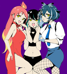  3girls :d absurdres alternate_costume alternate_eye_color animare black_hair black_shorts black_sports_bra blue_gloves blue_hair blue_necktie blue_skirt breasts closed_mouth clothing_cutout collared_shirt commentary_request cutout_gloves demon_girl demon_horns dress feet_out_of_frame fingernails fishnet_pantyhose fishnets flat_chest glasses gloves groin hair_between_eyes heart heart-shaped_pupils heart_cutout high_contrast highres hikasa_tomoshika horizontal_pupils horns long_hair looking_at_viewer medium_bangs medium_breasts medium_hair midriff multicolored_hair multiple_girls nanashi_inc. navel necktie oerba_yun_fang open_mouth orange_dress oura_rukako pantyhose panyatteria pencil_skirt pink_hair purple_background shirt shishio_chris short_bangs short_hair short_sleeves shorts simple_background skirt sleeveless sleeveless_dress smile sports_bra streaked_hair sugar_lyric symbol-shaped_pupils two-tone_hair virtual_youtuber voms white_hair white_shirt 