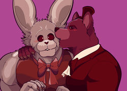  2022 anthro barazoku bear blush bow_tie clawed_fingers claws clothing digital_media_(artwork) duo five_nights_at_freddy&#039;s five_nights_at_freddy&#039;s_4 hi_res hug kissing lagomorph leporid long_ears love male male/male mammal nightmare_bonnie_(fnaf) nightmare_freddy_(fnaf) pinumontbalou rabbit romantic romantic_couple scottgames surprise 