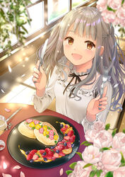  :d black_ribbon blueberry blurry blurry_foreground blush chair commentary_request cup day depth_of_field drinking_glass elbows_on_table female flower food fork from_above fruit glint highres holding holding_fork holding_knife indoors knife light_brown_hair light_particles long_hair long_sleeves looking_at_viewer neck_ribbon open_mouth orange_(fruit) orange_slice original pancake pechi_(peeechika) petals plate powdered_sugar restaurant ribbon shirt sitting smile solo strawberry thick_eyebrows two_side_up very_long_hair white_shirt window wooden_floor yellow_eyes 