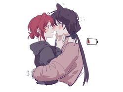  2girls ange_katrina animal_ears battery_indicator black_choker black_hoodie blue_eyes brown_eyes brown_hair choker dog_ears dog_girl from_side hair_behind_ear highres hood hoodie hug inui_toko lingyi long_hair low_twintails multiple_girls nijisanji open_mouth pink_sweater short_hair sweater tied_hair twintails virtual_youtuber white_background yuri 