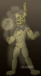  2021 animatronic anthro barefoot bear black_eyes black_nose bluberry712 bodily_fluids bow_tie brown_background clothing crying dancing depressing dialogue duo ellipsis english_text featureless_crotch feet five_nights_at_freddy&#039;s five_nights_at_freddy&#039;s_3 five_nights_at_freddy&#039;s_4 fredbear_(fnaf) ghost half-closed_eyes hand_holding hat headgear headwear hi_res lagomorph leporid long_ears machine male mammal multicolored_body narrowed_eyes notched_ear open_mouth question_mark rabbit robot round_ears sad scar scottgames simple_background speech_bubble spirit springtrap_(fnaf) standing tears teeth text top_hat translucent translucent_body two_tone_body white_body wire yellow_body 