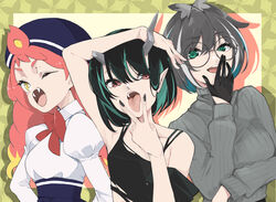  3girls absurdres alternate_costume animare armpits beret black-framed_eyewear black_gloves black_hair black_nails black_tank_top blonde_hair blue_hair blue_headwear bow bowtie breasts collared_shirt commentary_request cunnilingus_gesture fangs glasses gloves green_eyes grey_hair grey_sweater grey_wings hair_between_eyes hair_ornament hand_on_own_head hat head_wings highres hikasa_tomoshika long_hair looking_at_viewer medium_breasts multicolored_hair multiple_girls nanashi_inc. one_eye_closed open_mouth orange_hair oura_rukako panyatteria red_bow red_bowtie red_eyes round_eyewear shirt shishio_chris short_hair small_breasts smile streaked_hair sugar_lyric sweater tank_top tongue tongue_out upper_body virtual_youtuber voms white_hair white_shirt wings yellow_eyes 