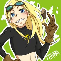  blonde_hair blue_eyes cartoon_network character_name dc_comics female gloves goggles kuraco long_sleeves midriff smile solo teen_titans terra_(dc) 