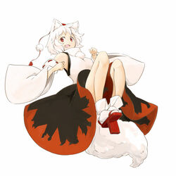  animal_ears bare_shoulders breasts commentary_request female geta hat inubashiri_momiji kokutei_n long_skirt long_sleeves looking_at_viewer medium_breasts open_mouth pom_pom_(clothes) red_eyes short_hair simple_background skirt solo tail tokin_hat touhou white_background white_hair wolf_ears wolf_tail 