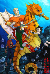  3boys aqua_lad aqua_man aquagirl aquaman_(series) barefoot black_eyes black_hair blonde_hair blue_eyes brown_eyes bubble dark_skin dc_comics female garth green_eyes kaldur&#039;ahm multiple_boys new_year ocean red_hair riyan seahorse sleeveless swimming tattoo tempest tula underwater water 