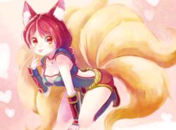  :p ahri_(league_of_legends) animal_ears braid commentary_request facial_mark female fox_ears fox_tail foxfire_ahri league_of_legends mizoreame multiple_tails red_eyes red_hair short_hair solo tail tongue tongue_out 