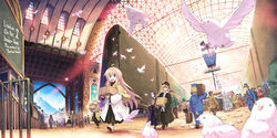  6+boys 6+girls :d ahoge animal_ears artist_name banner bench bird blonde_hair blue_eyes brown_eyes carrying commentary_request crowd dove english_text frown hat horn_speaker kyoukai_senjou_no_rinbo long_jacket looking_at_viewer luggage multiple_boys multiple_girls open_mouth original photoshop_(medium) public_address_system purple_hair shaded_face sign sitting skylight skylight_(architecture) smile speaker suitcase sunlight tail tottori train train_attendant train_station travel_attendant vanishing_point 