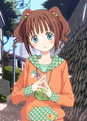  bad_id bad_pixiv_id blue_eyes blush brown_hair chika_(orange_pop) female hood hoodie idolmaster idolmaster_(classic) open_mouth own_hands_together short_hair solo steepled_fingers takatsuki_yayoi twintails 