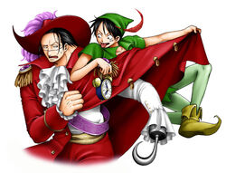  2boys alternate_costume amputee black_hair captain_hook captain_hook_(cosplay) clock cosplay cravat disney duo epaulets green_shirt hat hat_feather hook_hand jacket male male_focus monkey_d_luffy multiple_boys one_piece peter_pan peter_pan_(cosplay) peter_pan_(disney) red_jacket scar shirt sir_crocodile tunic 