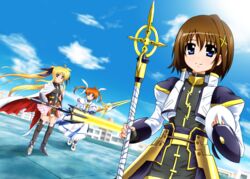  3girls arm_guards bardiche_(nanoha) bardiche_(zanber_form)_(nanoha) blonde_hair blue_eyes brown_hair commentary_request crosier diesel-turbo fate_testarossa fate_testarossa_(blaze_form) fingerless_gloves gloves hair_ornament hat jacket long_hair long_skirt long_sleeves lyrical_nanoha magazine_(weapon) magical_girl mahou_shoujo_lyrical_nanoha mahou_shoujo_lyrical_nanoha_a&#039;s mahou_shoujo_lyrical_nanoha_the_movie_2nd_a&#039;s md5_mismatch multiple_girls open_clothes open_jacket puffy_sleeves raising_heart raising_heart_(exelion_mode)_(2nd) red_eyes schwertkreuz shoes short_twintails skirt smile takamachi_nanoha takamachi_nanoha_(exelion_mode) thighhighs twintails waist_cape x_hair_ornament yagami_hayate 