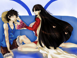  1boy black_hair blue_upholstery blush boa_hancock breasts cleavage couch duo female impel_down large_breasts long_hair lowres mikan_(tripletriple) monkey_d_luffy one_piece open_mouth pixiv_thumbnail resized sitting smile vest 