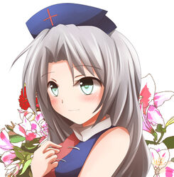  adapted_costume alstroemeria_(flower) alternate_eye_color aqua_eyes bad_id bad_pixiv_id blue_hat blush carnation cross cross_print dress female floral_background flower grey_hair hand_on_own_chest hand_up hat kuroganeruto long_hair nurse_cap parted_bangs pink_flower red_carnation red_cross red_flower sleeveless smile solo touhou white_background yagokoro_eirin 