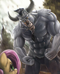  2014 absurd_res amber_eyes angry black_hair bovid bovine duo electronics equid equine european_mythology facial_piercing female feral fluttershy_(mlp) friendship_is_magic fur greek_mythology green_eyes grey_body grey_fur hair hasbro headgear headphones headset hi_res horn horse iron_will_(mlp) male mammal minotaur mrs1989 my_little_pony mythology nose_piercing nose_ring outside piercing pink_hair pony ring_piercing septum_piercing sky yellow_body yellow_fur 