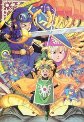  2boys :o arms_up bat_wings battle beak belt belt_buckle belt_pouch blonde_hair blue_eyes bodysuit boots buckle bug cape centipede colored_sclera curly_hair dragon dragon_quest dragon_quest_ii female fighting_stance flying gloves goggles goggles_on_headwear hawk_man_(dragon_quest) highres holding holding_sword holding_weapon hood horns long_hair looking_at_viewer multiple_boys official_art open_mouth pouch prince_of_lorasia prince_of_samantoria princess_of_moonbrook rapier red_eyes scabbard scales sheath shield short_hair sidoh spiked_hair sword tabard toriyama_akira tunic v-shaped_eyebrows weapon wings yellow_sclera yoroi_mukade 