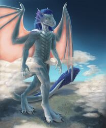  2015 5:6 anthro blue_body blue_eyes blue_fur blue_hair blue_scales city claws cloud dragon fur giga hair landscape_dwarfing macro male membrane_(anatomy) membranous_wings mythological_creature mythological_scalie mythology nude outside rooth scales scalie solo spectrumshift tail toe_claws white_body wings yellow_eyes 