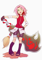  arm_warmers bandage bare_shoulders bike_shorts black_boots black_gloves boots female gloves green_eyes headband miniskirt naruto naruto_shippuuden one_eye_closed open_toe_shoes pink_hair pink_skirt red_shirt sakura_haruno shiny shiny_clothes shirt short_hair shorts shorts_under_skirt simple_background skin_tight skirt sleeveless sleeveless_shirt solo standing sunahara_wataru sword toes tongue tongue_out weapon white_background wink zipper 