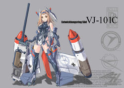  :d blonde_hair commentary elbow_gloves ewr_vj_101 female fingerless_gloves gloves grin high_heels highres jet_engine nenchi open_mouth personification photoshop_(medium) skin_tight smile solo thighhighs vtol weapon wings yellow_eyes 