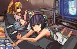  3girls :3 ahoge arcade_stick bad_id barefoot black_hair blonde_hair bow controller couch dodonpachi dodonpachi_saidaioujou dress game_console game_controller gamepad green_eyes hair_ornament hairbow hikari_(saidaioujou) hori_(company) huge_ahoge jitome joystick long_hair maria_(saidaioujou) multiple_girls panties_(pantsu-pirate) playing_games ponytail red_bull red_eyes short_hair shuri_(saidaioujou) silver_hair speaker television video_game xbox_360 