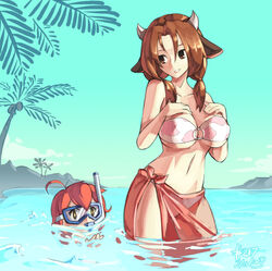  1boy 2013 animal_ears animal_print bare_shoulders beach bikini borrowed_character breast_suppress breasts brown_eyes brown_hair cow_ears cow_girl cow_horns cow_print dated day diving_mask diving_mask_on_eyes ego_trigger female goggles horns huge_breasts junkpuyo mattie_(ego_trigger) midriff navel o-ring o-ring_bikini original outdoors partially_submerged red_sarong sarong smile snorkel snorkel_in_mouth strapless swimming swimsuit translucent_sarong tubetop twintails underboob wading water 