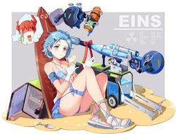  2girls absurdres anger_vein bikini blue_bikini blue_eyes blue_hair blush breasts character_name cleavage cocktail cola commentary_request drink drinking drinking_straw eins_(honkai_impact) food frederica_nikola_tesla frilled_bikini frills fruit gloves hair_ornament hairclip highres holding holding_drink honkai_(series) honkai_impact_3rd jewelry lemon lemon_slice lieserl_albert_einstein medium_breasts messy_hair multiple_girls necklace red_hair refrigerator robot sand shovel sitting solo_focus surfboard swimsuit white_gloves youmi_kong_xiang 